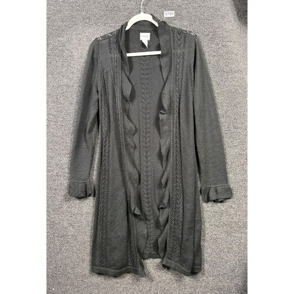 Chico’s Open Front Cardigan Ruffle Trim Sweater Duster Womens Size 1 US 8 Black - Picture 1 of 6